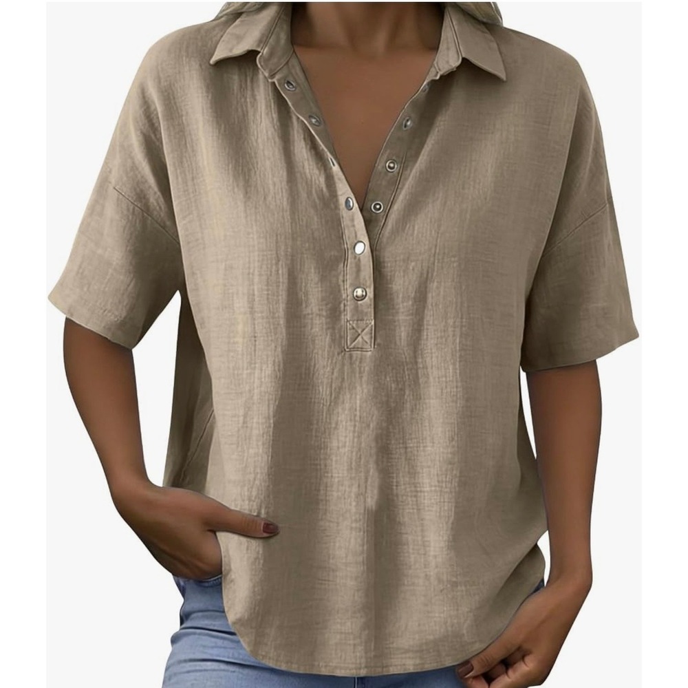 Womens Tan Khaki Linen Blend Short Sleeve Henley Blouse Button Up Shirt